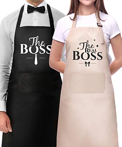 Genrics Couple Aprons for Cooking-The Boss The Real Boss Apron Set Funny Adjustable Baking Aprons His and Her Engagement Anniversary Wedding Valentines Day Bridal Shower Gift
