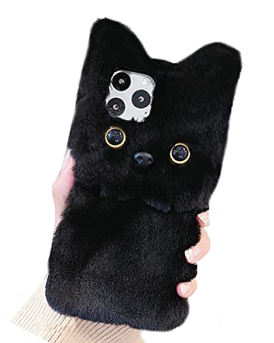UnnFiko Winter Soft Warm Plush Case Compatible with iPhone 14 Pro Max, Cute Cat Fuzzy Animal Fluffy Fur Handmade Case Covers for Girls Women (Plush Kitten Black, iPhone 14 Pro Max)