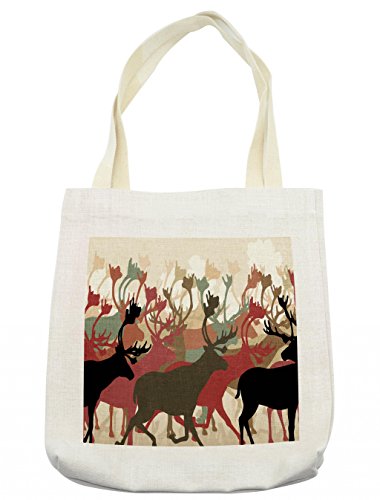 Lunarable Antler Tote Bag, Reindeer Caribou Herd Migrating Colorful Silhouettes Wildlife Nature Theme Print, Cloth Linen Reusable Bag for Shopping Books Beach and More, 16.5' X 14', Cream