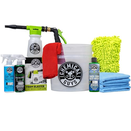 Chemical Guys HOL148 10-Piece Arsenal Builder Car Wash Kit with Foam Gun, Bucket, (4) Towels, Wash Mitt and (3) 16 oz. Car Cleaning Chemicals (Works w/Garden Hose) – 2024 Version