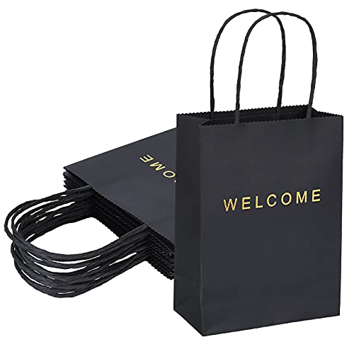 driew Welcome Bags 50 Pack, 5.9 x 3.1 x 8.3'' Black Welcome Gift Bags Paper Bags with Handles Black Gift Bags for Retail, Wedding,Party, Shopping