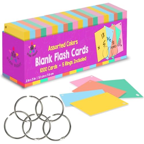 Star Right Assorted Colored Blank Flash Cards - Note Cards with Rings - 2'x3' Blank Index Note Cards, Flash Cards Blank, 1000 Pre Hole Punched Index Cards with Metal Binder Rings, Blank Flashcards