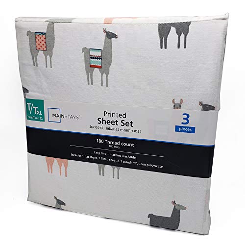 Mainstays Back to School 180 Thread Count Sheet Set, Fun & Modern! Your Favorites- Florals, Llama, Pineapples, Cactuses, Geometric Triangles! Flat, Fitted, & Pillowcase Set! (Twin XL, Llama)