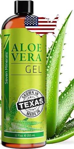 Seven Minerals Organic Aloe Vera Gel from freshly cut 100% Pure Aloe - Big 12oz - HighestQuality, Texas grown, Vegan, Unscented - For Face, Skin, Hair, Sunburn relief