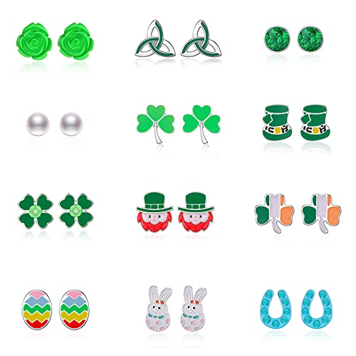 12 Pairs St Patrick's Day Stud Earrings Set for Girls Cute Easter Earrings for Women Teen Girls Green Shamrock Clover Earrings Iris Jewelry