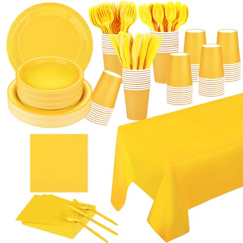 TWOWYHI 229PCS Yellow Party Supplies Set Paper Disposable Plates Cups Plastic Spoons Forks Knives Yellow Napkins Severs 30Disposable Party Dinnerware Sets for Wedding Birthday Party 1PC Table Cover