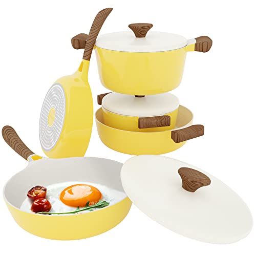 Vremi 8 Piece Ceramic Nonstick Cookware Set - Induction Stovetop Compatible DIshwasher Safe Non Stick Pots with Lids and Frying Pans - Dutch Oven Pot Fry Pan Sets for Serving - PTFE PFOA Free - Yellow
