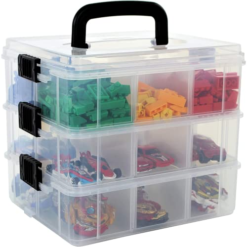 Bins & Things Clear 3 Tier Stackable Storage Containers with lids 18 Adjustable Compartment for Calico Critter, Hot Wheels, LOL OMG or Mini Toy, Lego storage organizer - Portable Box w/Carrying Handle