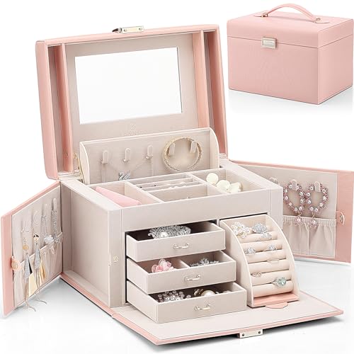 Vlando Jewelry Box Organizer for Girls Women, Large Baroque Jewelry Holder Organizer with Mirror, 3 Drawers for Bracelets, Earrings, Rings, Necklaces, Mothers Day for Loved One, Pink