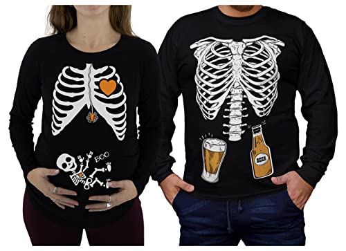 Halloween Pregnancy Shirt Skeleton Xray Couples Matching Long Sleeve Shirts Men Black Large/Women Black Large