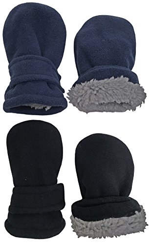 N'Ice Caps Baby Toddler Mittens Kids 2 Pairs Fleece Gloves Winter Warm Sherpa Lined Pack (Black/Navy Pack - Infant No Thumbs, 6-18 Months)