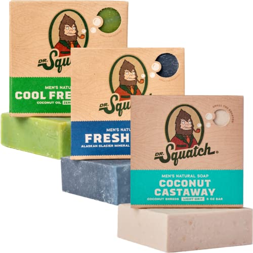 Dr. Squatch Men's Natural Bar Soap from Cold Process Moisturizing Soap Made from Natural Oils - No Harmful Chemicals - Good for All Skin Types - Coconut Castaway, Fresh Falls, Cool Aloe (3 Pk)