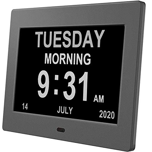 Pipishell Digital Calendar Alarm Day Clock - with 8' Large Screen Display, am pm, 5 Alarm, Dementia Clocks for Alzheimers Sufferers Elderly Seniors Memory Loss Impaired