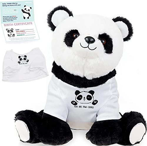 InFLOATables Stuffed Panda - 11 Inch Stuffed Animal Panda with 'You are Too Paw-Some' Removable Shirt - Cute Plush Panda for Cuddly Birthday Gift
