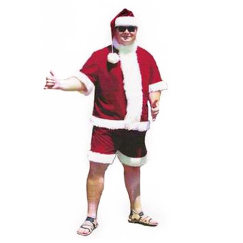 Halco Sunny Claus Suit Set #6771 Hat Zipper Jacket Size 42'-48' Short Pants Long Hair Trim Beach Santa Inside Pocket