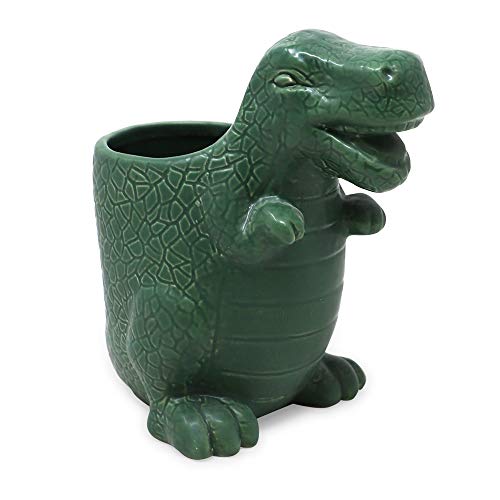 Isaac Jacobs Green Ceramic Dinosaur Cup, Toothbrush Holder, Multi-Purpose Organizer, – Great for Toiletries, Bathroom, Kitchen, Crafts, Desk, Novelty Bathroom Accessory (Single Cup, Green)
