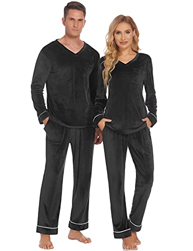 Ekouaer Couples Matching Pajamas Sets Velvet PJs Set for Men and Women Velour Long Sleeve Sleepwear S-XXL Black