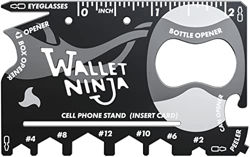 Wallet Ninja Multitool Card – 18 in 1 Credit Card Multi-Tool (Bottle Opener, Can Opener, Screwdrivers, Phone Stand & More) – Black