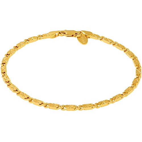 LIFETIME JEWELRY 4mm Diamond Cut Star Flat Link Chain Anklet 24k Real Gold Plated (Gold, 10)