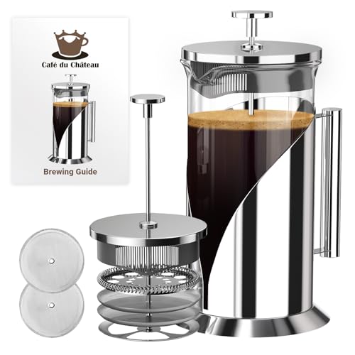 Cafe Du Chateau Stainless Steel French Press Coffee Maker - 34oz Versatile Coffee Press Coffee Maker with 4-Level Filtration, BPA Free, French Press Stainless Steel