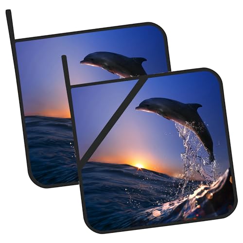 ENUIEO Dolphin Jumping Out of The Waves Pot Holders 2 PCS for Kitchen, Heat Resistant Hot Pads for Cooking Grilling Baking BBQ, Pot Holders for Women Cook Essentials Accessories Home Microwave
