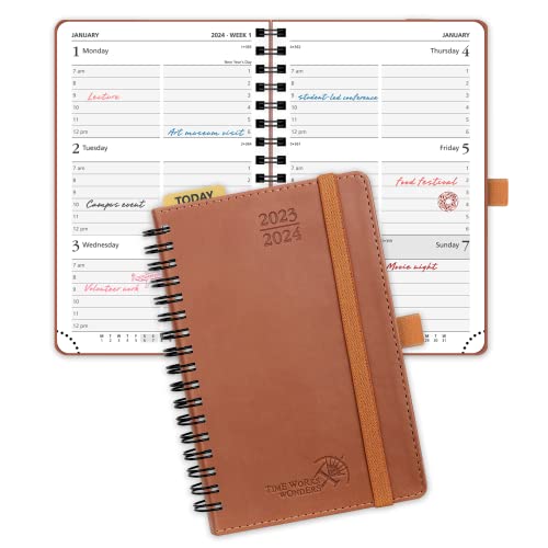 POPRUN Planner 2023-2024 Pocket Size (4.5'' x 6.25'') Academic Year Calendar (July 2023 - June 2024) with Hourly Time Slots, Weekly & Daily Organizer, Vegan Leather Cover - Brown