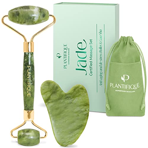 PLANTIFIQUE Jade Roller for Face and Gua Sha Facial Tools - Includes Real Jade Roller and Gua Sha Set - Certified Face Roller and GuaSha for Your Skincare Routine