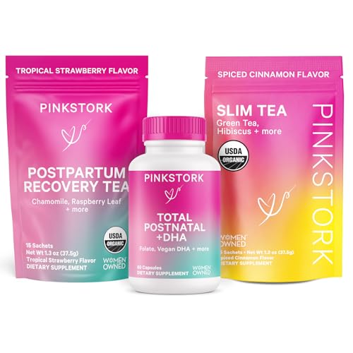 Pink Stork Postpartum Recovery Care Package: Postnatal Vitamins and Herbal Teas for New Moms, with Red Raspberry Leaf, Chamomile, DHA, Iron, Folate, and Vitamin B12 - Set of 3