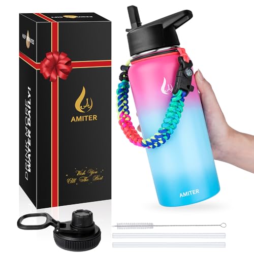 AMITER Insulated Bottle with Straw & Spout Lid, Wide Mouth Stainless Steel Water Bottles with Paracord Handle - 22oz, 32oz, 40oz, 64oz