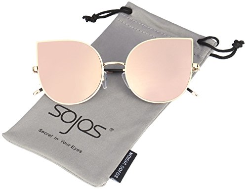 SOJOS Cat Eye Mirrored Flat Lenses Ultra Thin Light Metal Frame Women Sunglasses SJ1022 with Gold Frame/Pink Mirrored Lens