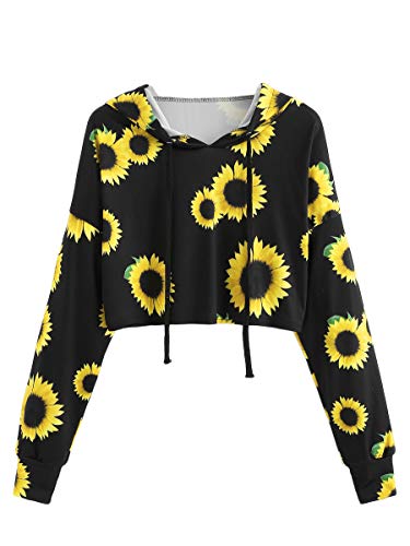 Romwe Women's Long Sleeve Hooded Floral Print Crop Hoodie Sweatshirt Black L