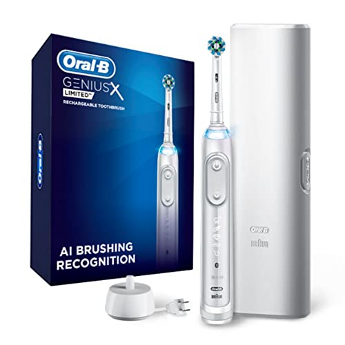 Oral-B Genius X Rechargeable Electric Powered Toothbrush with AI, White with 2 Brush Heads and Travel Case - Visible Pressure Sensor to Protect Gums – 6 Brushing Modes - 2 Minute Timer