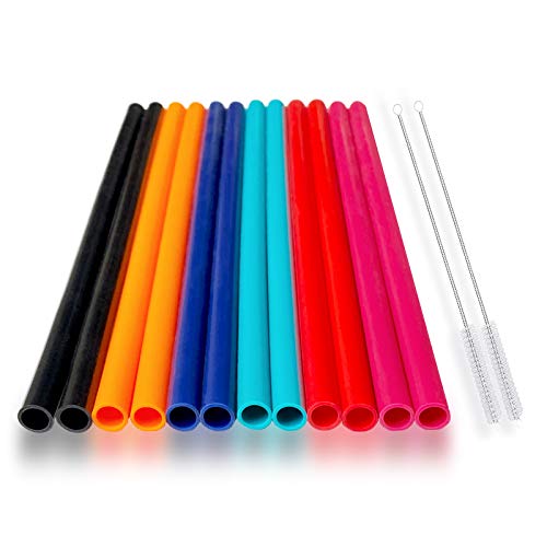 12 Pcs Eco Friendly Silicone Straws with 2 cleaning Brushes,Reusable Silicone Drinking Straws,for 30oz and 20oz Tumblers,Yeti, Ozark, (Pure Multicolor, 10 inches)