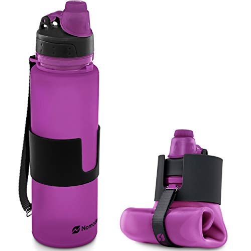 Nomader BPA Free Collapsible Sports Water Bottle - Foldable with Reusable Leak Proof Twist Cap for Gym Travel Hiking Camping and Outdoors - 22 oz (Purple)