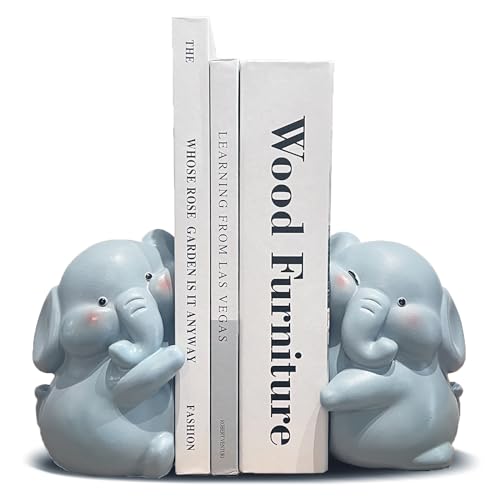 HINUGO Cute Elephant Bookends Decoration, Book Ends for Heavy Books,Book Holders for Shelves in Kids Room Home Office Desk Decoration, Great Christmas Birthday Gift