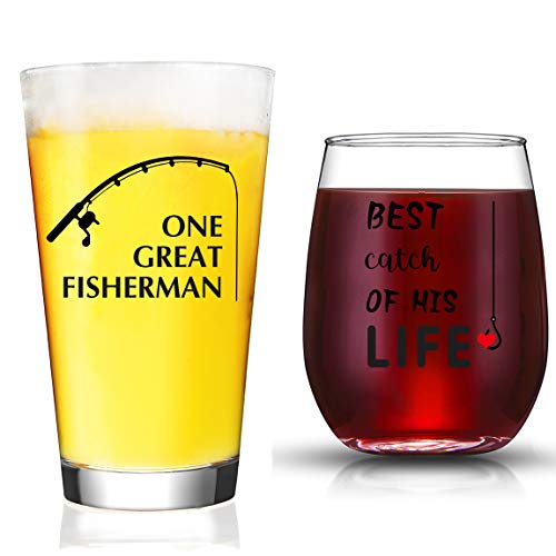 JERIO One Great Fisherman, Best Catch of His Life Glass Set Couple Gift for Engagement, Wedding, Anniversary Gi Bridal Shower Gift For Bride
