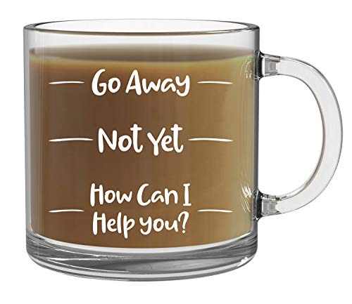 Go Away, Not Yet, How Can I Help You - 13oz Clear Glass Coffee Mug - Funny Office Humor Gift Bosses and Employees Gift Secretary Day - By CBT Mugs