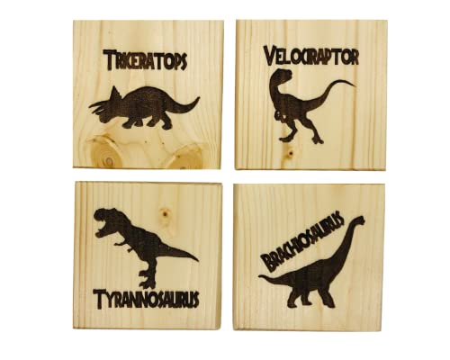 Jurassic Dinosaurs Drink Coasters (by Brindle Designs): Permanent Engraved Real Wood Coaster Set, Dinosaur Gift for Adult, Tyrannosaurus, Brachiosaurus, Velociraptor, Triceratops