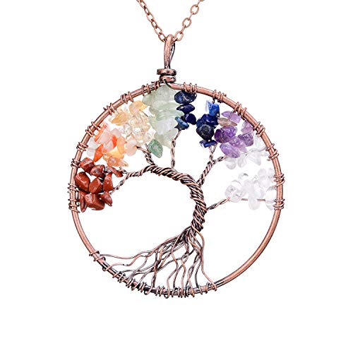 sedmart Four Seasons Tree of Life Pendant Wire Wrapped Wisdom Ancient Copper Necklace Gemstone Chakra Jewelry