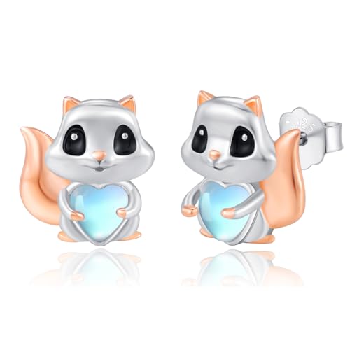 Dreamboat Squirrel Stud Earrings for Women 925 Sterling Silver Moonstone Squirrel Earrings Cartoon Animal Jewelry Gifts