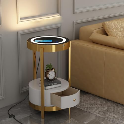 wangpengkai Gold Smart Led Nightstand with White Drawers,14in Sofa Round End Table with USB Port Wireless Charging Station,Small Coffee Table/Bedside Table/Side Table for Bedroom/Living Room