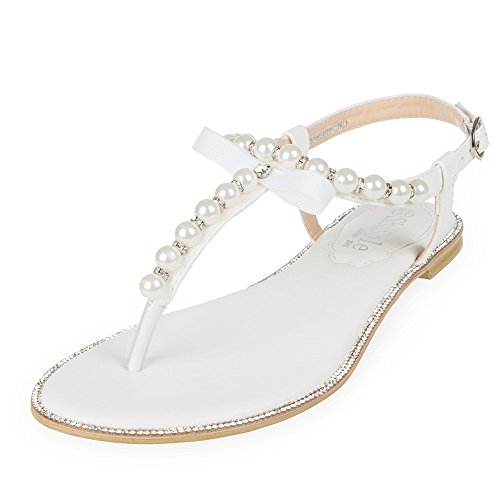 SheSole Women's Pearl T-Strap Bridal White Flat Sandals Beach Wedding Shoes US 8