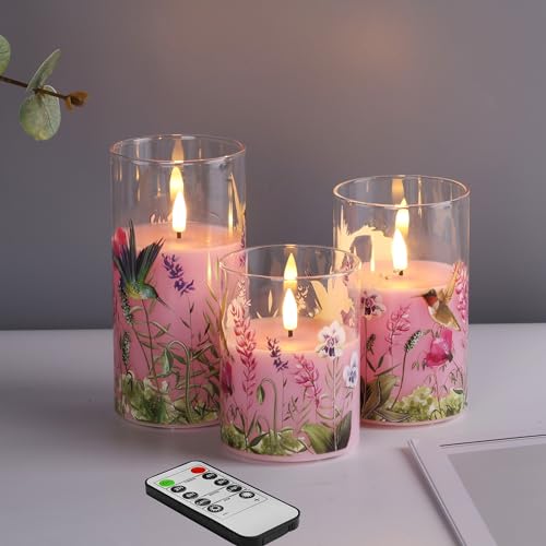 Girimax Pink Hummingbird Glass LED Candles with Remote, Flickering Flameless Candles Battery Operated Φ 3' H 4' 5' 6'