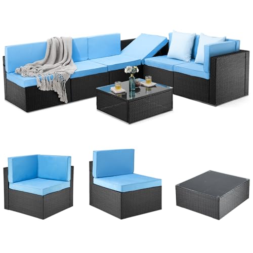Pamapic Patio Furniture Set, 7 Pieces Modular Outdoor Sectional, Patio Sectional Sofa Conversation Set, Rattan Sofa with Coffee Table and Washable Cushions Covers, Black Rattan and Blue Cushions