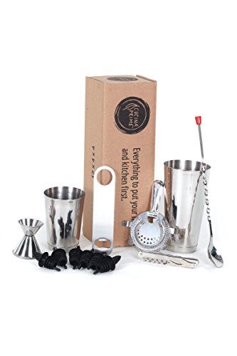 CucinaPrime 13 Piece Stainless Steel Professional Bar Set (2 Cocktail Shakers, Jigger, Speed Opener, Waiters Corkscrew, Strainer, Long Bar Spoon and 6 Black Bottle Pourers)