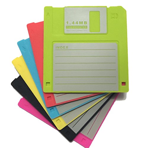 Moptrek one Drink Coasters Blanked label Retro 3.5 Inches Floppy Disk All-weather, 4.7 x 3.6', Set of 6 Black, Red, Yellow, Blue, Cherry, and Green
