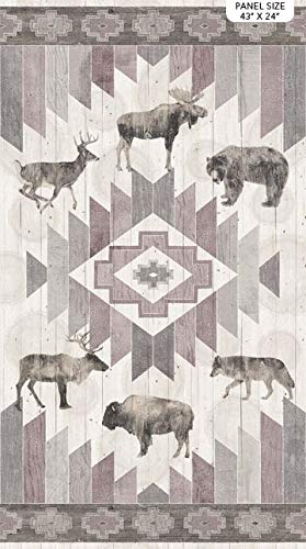 24' X 44' Panel Bears Deer Moose Elk Caribou Bison Buffalo Wolf Wolves Animals Wildlife Canyon Creek Cream Cotton Fabric Panel (D782.73)