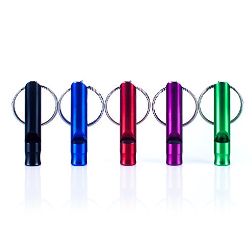 HWYDTGS COMUSTER 5pcs Hiking Camping Survival Aluminum Whistle with Key Chain Emergency Whistles of Multiple Colors, Black/Blue/Red/Purple/Green
