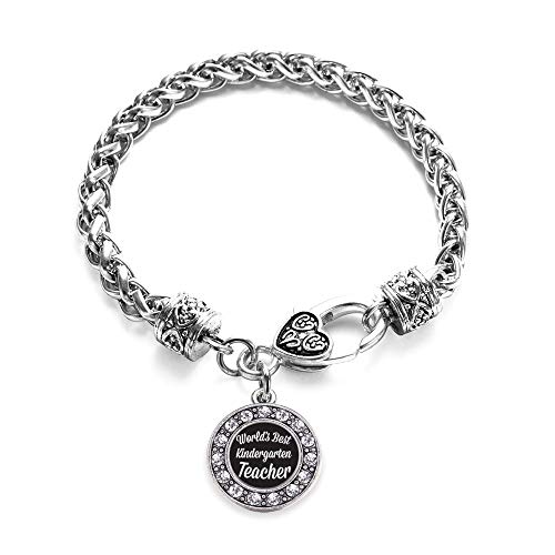 Inspired Silver - World's Best Kindergarten Teacher Braided Bracelet for Women - Silver Circle Charm Bracelet with Cubic Zirconia Jewelry
