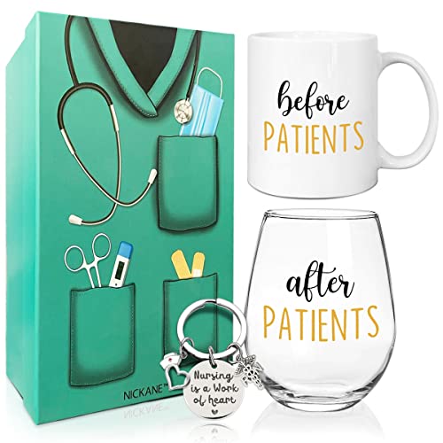 NICKANE Before, After Patients Set | 11oz Coffee Mug, 15oz Wine Glass | Nurse Graduation Gift Ideas | Thank You and Appreciation For Nurses, Doctors, Dentists, Hygienists, Physician